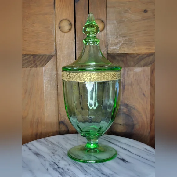 Elegant Green Glass Jar with Gold Accent - Picture 1 of 13